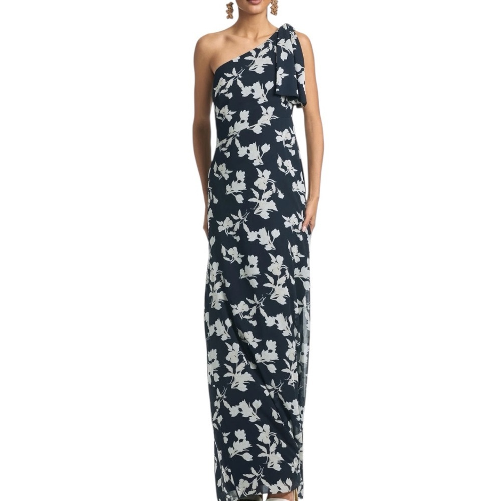 NWT SACHIN + BABI Navy Floral Sleeveless One Shoulder Bow Dress Gown Size 6 - Picture 2 of 5